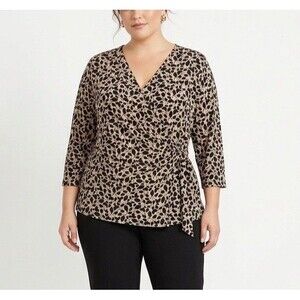 Anne Klein Top L Faux Wrap Tie Front 3/4 Sleeve Leaf Print NWT